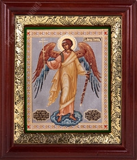 Икона - Ангел-хранитель. (Деревянный киот, цвет "орех", литография, тиснение, стразы, багет, стекло. )