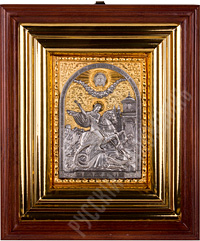 Икона - Святой Великомученик Георгий Победоносец. 205х250х50 мм. (Медь, серебрение, инкрустация эмалью, дубовый киот).