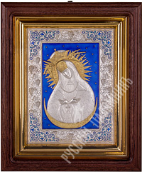 Икона - Божией Матери «Остробрамская». 270х330х50 мм. (Медь, серебрение, инкрустация эмалью, дубовый киот).