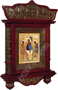Икона - Святая Троица. Преподобный Андрей Рублев. XV век. Печать на холсте, деревянный киот.  430х310х70 мм.