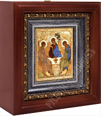 Икона - Святая Троица. Преподобный Андрей Рублев. XV век. Печать на холсте, деревянный киот. 180х165х60 мм.