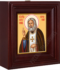 Икона - Преподобный Серафим Саровский Чудотворец в деревянном киоте. 160х140х50 мм.