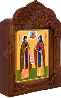 Икона - Святые Петр и Феврония в деревянном киоте из дуба. 350х245х55 мм.