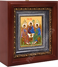 Икона - Святая Троица. Печать на холсте, деревянный киот. 180х165х60 мм.