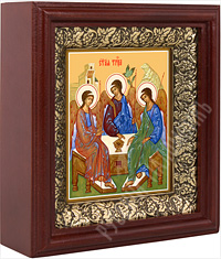 Икона - Святая Троица. Печать на холсте, деревянный киот. 155х140х52 мм.