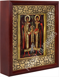 Икона - Архангел Михаил и Архангел Гавриил (конец XIII века) в деревянном киоте. 240х210х60 мм.