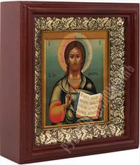 Икона - Господь Вседержитель (1898 г.) в деревянном киоте. 155х140х52 мм.