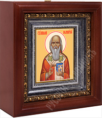 Икона - Святитель Николай, епископ Охридский и Жичский в деревянном киоте. 180х165х60 мм.