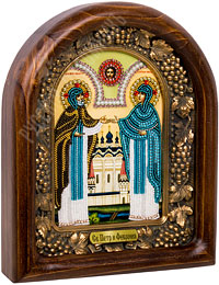 Икона - Святые Петр и Феврония. 185х230х50 мм (Бисер, деревянный киот).