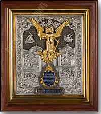 Икона - Ангел-хранитель. 355х400х47 мм. (Медь, серебрение, инкрустация эмалью, дубовый киот).