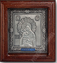 Икона - Божией Матери «Почаевская». 100х110х25 мм. (Медь, серебрение, инкрустация эмалью, дубовый киот).
