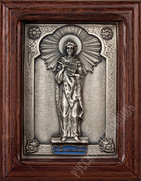Икона - Великомученик и целитель Пантелеимон. 90х115х27 мм. (Медь, серебрение, инкрустация эмалью, дубовый киот).