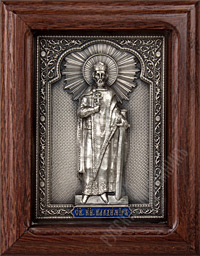 Икона - Святой Владимир равноапостольный великий князь. 90х115х27 мм. (Медь, серебрение, инкрустация эмалью, дубовый киот).