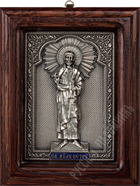 Икона - Святой Апостол Петр. 90х115х27 мм. (Медь, серебрение, инкрустация эмалью, дубовый киот).